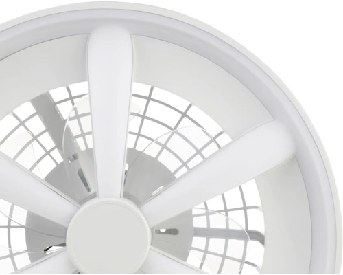 Ventilator de tavan rotund modern cu iluminare LED integrată și grilaj de protecție.