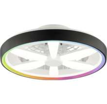 Ventilator de tavan rotund de culoare neagră cu iluminare albă integrată, elemente luminoase în formă de stea și inel luminos colorat.