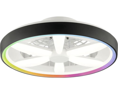 Ventilator de tavan rotund de culoare neagră cu iluminare albă integrată, elemente luminoase în formă de stea și inel luminos colorat.