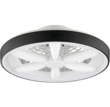Ventilator de tavan cu iluminare LED integrată, design rotund cu inel exterior negru și palete de ventilator albe.