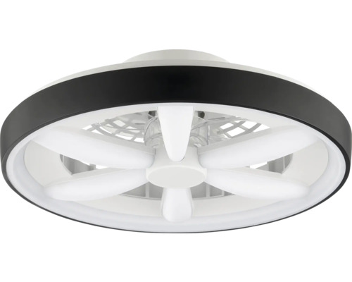 Ventilator de tavan cu iluminare LED integrată, design rotund cu inel exterior negru și palete de ventilator albe.