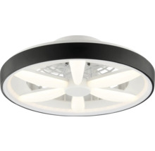 Ventilator de tavan circular modern cu panouri LED integrate și un inel exterior negru.