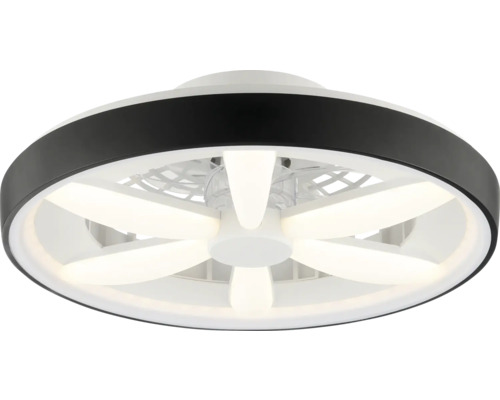Ventilator de tavan circular modern cu panouri LED integrate și un inel exterior negru.