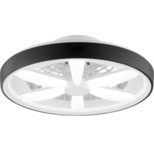 Ventilator de tavan rotund cu iluminare LED integrată, inel exterior negru și cinci palete albe.