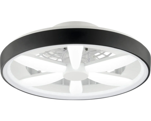 Ventilator de tavan rotund cu iluminare LED integrată, inel exterior negru și cinci palete albe.