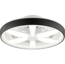 Plafonieră rotundă cu ventilator integrat, inel exterior negru și iluminare LED în formă de stea.