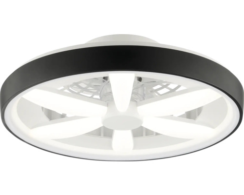 Plafonieră rotundă cu ventilator integrat, inel exterior negru și iluminare LED în formă de stea.