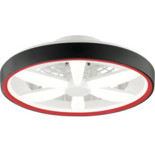 Ventilator de tavan modern cu iluminat LED integrat, design rotund cu carcasă neagră și roșie.