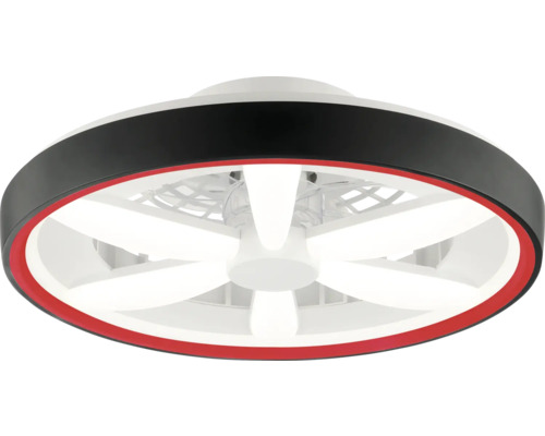 Ventilator de tavan modern cu iluminat LED integrat, design rotund cu carcasă neagră și roșie.
