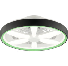 Ventilator de tavan rotund modern, cu iluminare LED în formă de stea integrată și inel exterior negru cu accent de lumină verde.