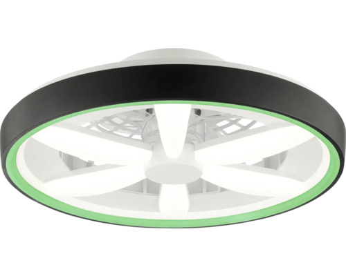 Ventilator de tavan rotund modern, cu iluminare LED în formă de stea integrată și inel exterior negru cu accent de lumină verde.