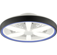 Ventilator de tavan modern cu iluminare LED, cadru negru rotund cu inel luminos albastru și elemente LED albe în formă de evantai.