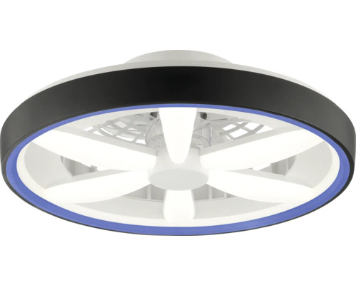 Ventilator de tavan modern cu iluminare LED, cadru negru rotund cu inel luminos albastru și elemente LED albe în formă de evantai.