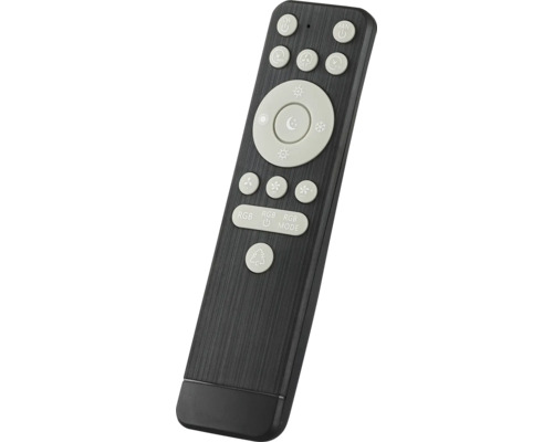 Telecomandă neagră pentru ventilatoare de tavan cu controlul luminii, funcție RGB și temporizator, carcasă cu aspect periat.