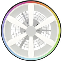 Ventilator de tavan rotund cu LED-uri în formă de stea și inel exterior RGB colorat.