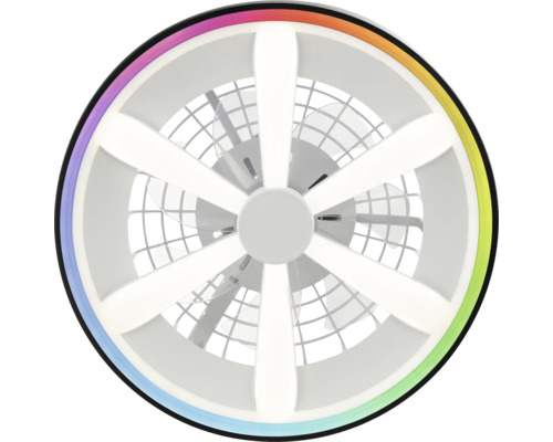Ventilator de tavan rotund cu LED-uri în formă de stea și inel exterior RGB colorat.