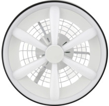 Ventilator de tavan rotund alb cu iluminare LED integrată și șase spițe.