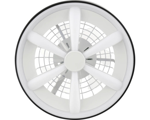 Ventilator de tavan rotund alb cu iluminare LED integrată și șase spițe.