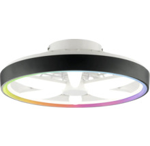 Plafonieră rotundă cu ventilator integrat, carcasă neagră și inel luminos colorat.