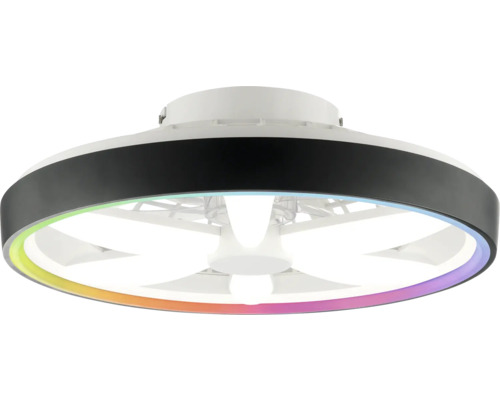 Plafonieră rotundă cu ventilator integrat, carcasă neagră și inel luminos colorat.