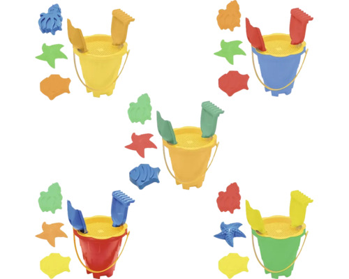 Set de jucării pentru nisip din plastic cu găletușă, sită, lopățică, greblă și forme de nisip în diverse culori.