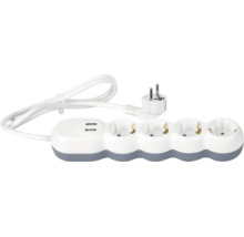 Prelungitor din plastic alb și gri cu patru prize, două porturi USB și cablu de alimentare alb.