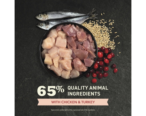 Bucăți proaspete de pui și curcan, doi pești întregi, cereale și merișoare. Text: 65 la sută ingrediente animale de calitate cu pui și curcan.