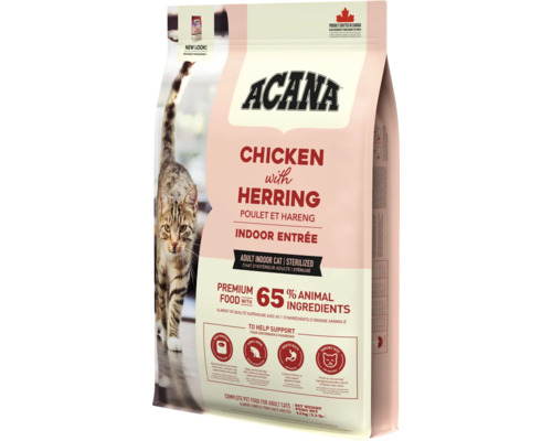 Hrana Acana Chicken with Herring Indoor Entree pentru pisici sterilizate de interior, 4,5 kilograme, 65 la suta ingrediente animale.