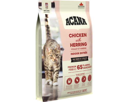 Hrană pentru pisici ACANA Indoor Entrée pui și hering pentru pisici adulte sterilizate de interior, 65 la sută ingrediente de origine animală.