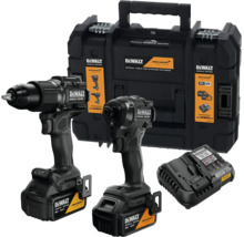 Set DeWalt McLaren Special Edition: mașină de găurit, mașină de înșurubat cu impact, doi acumulatori 18 Volți 4 Amperi oră, încărcător și cutie.