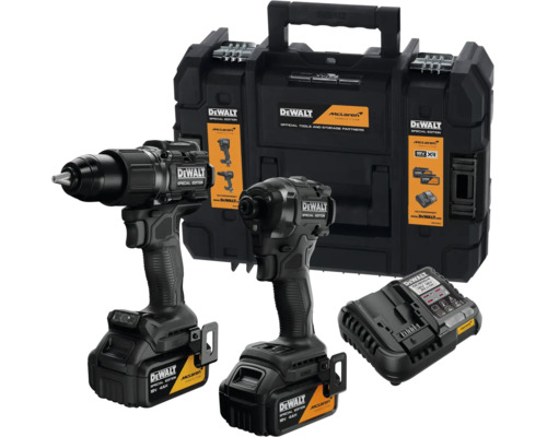 Set DeWalt McLaren Special Edition: mașină de găurit, mașină de înșurubat cu impact, doi acumulatori 18 Volți 4 Amperi oră, încărcător și cutie.