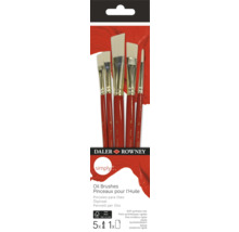 Set de cinci pensule pentru ulei Daler Rowney Simply cu peri sintetici rigizi și mânere din lemn provenit din silvicultură responsabilă.