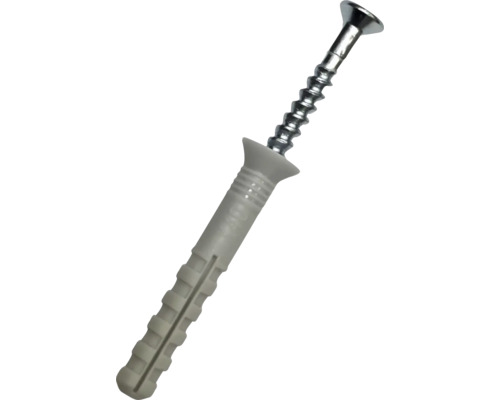 Diblu cu cui gri din plastic cu șurub argintiu din metal cu cap înecat.