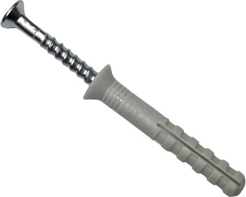 Diblu cu cui din plastic cu un șurub-cui din metal cu cap înecat.