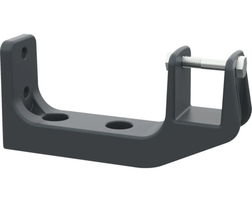 Suport metalic gri închis cu orificii de montare și un șurub cu cap hexagonal.