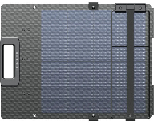 Panou solar portabil EcoFlow pliat cu mâner de transport, logo EcoFlow și suprafață texturată.