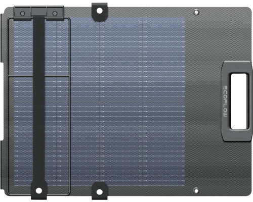 Panou solar portabil EcoFlow cu mâner integrat și orificii de fixare pentru alimentarea cu energie mobilă.