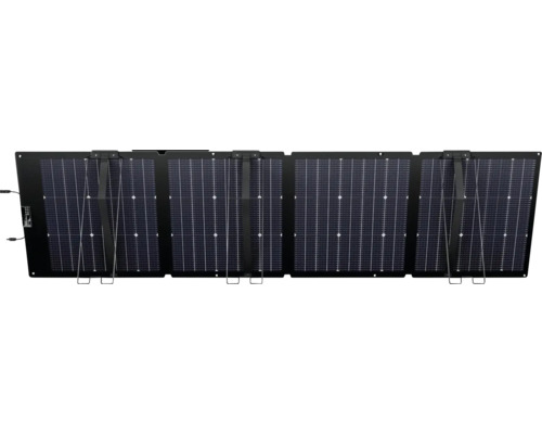 Panou solar pliabil cu patru module și suporturi integrate pentru alimentare mobilă.