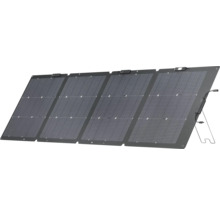 Panou solar pliabil cu patru module, suport integrat și cabluri de conectare.