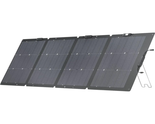 Panou solar pliabil cu patru module, suport integrat și cabluri de conectare.