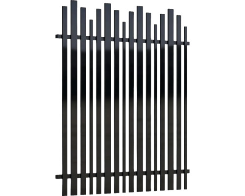 Gard metalic negru cu bare verticale asimetrice.