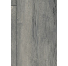 Parchet laminat cu aspect de lemn gri, nervuri rustice și noduri vizibile.