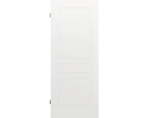 Ușă de interior albă cu trei panouri cu profil ornamental.