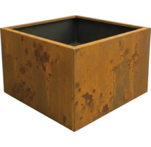 Ghiveci pătrat din metal cu aspect de rugină.