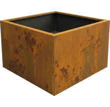 Ghiveci pătrat din metal cu aspect de rugină.