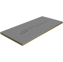 Placa de constructie Swisspor Board pentru izolare si suport pentru placi ceramice, suprafata gri structurata cu miez galben.