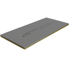 Placă de construcție Swisspor Board cu o grosime de 4 milimetri, suprafață gri striată și structură multistrat.