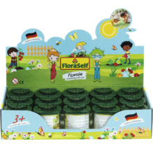 FloraSelf Logo pe afișajul de vânzare Floralie grădinărit cu copii, ghivece de cultivare, ilustrații cu copii, de la trei ani, Fabricat în Germania.
