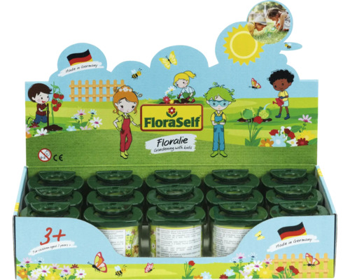 FloraSelf Logo pe afișajul de vânzare Floralie grădinărit cu copii, ghivece de cultivare, ilustrații cu copii, de la trei ani, Fabricat în Germania.