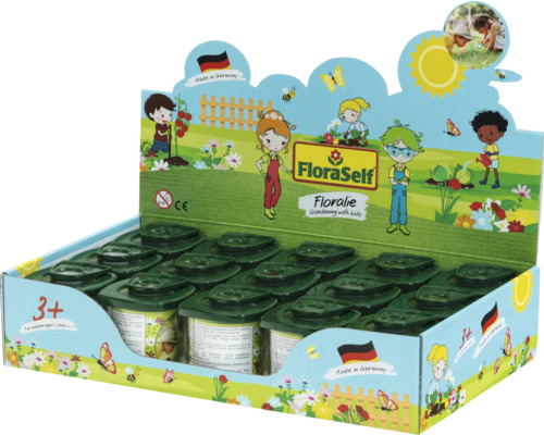 Stand de prezentare FloraSelf Floralie cu cutii cu lupă verzi pentru copii de la 3 ani, fabricat în Germania.